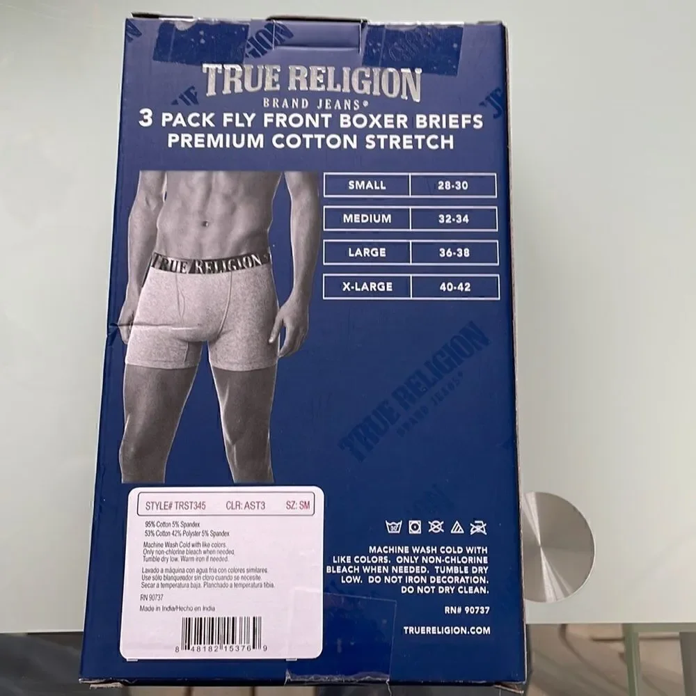 True Religion NWT 3 pack front fly boxer briefs premium cotton stretch medium